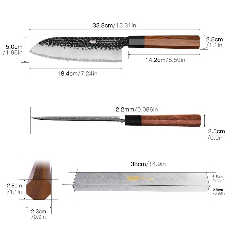 FINDKING Dynasty Series Japanese Santoku Knife, Professional Kitchen Knife, 9Cr18MoV High Carbon Steel Blade, African Rosewood Octagonal Handle, for Meat, Fruits, Vegetables, 7 Inches - Image 4